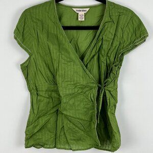 Code Bleu Top Blouse Size XL Green Striped Short Cap Sleeve V Neck Cotton